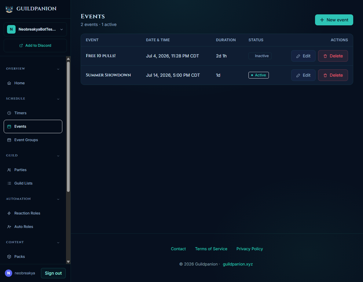 Guildpanion dashboard showing active and upcoming events