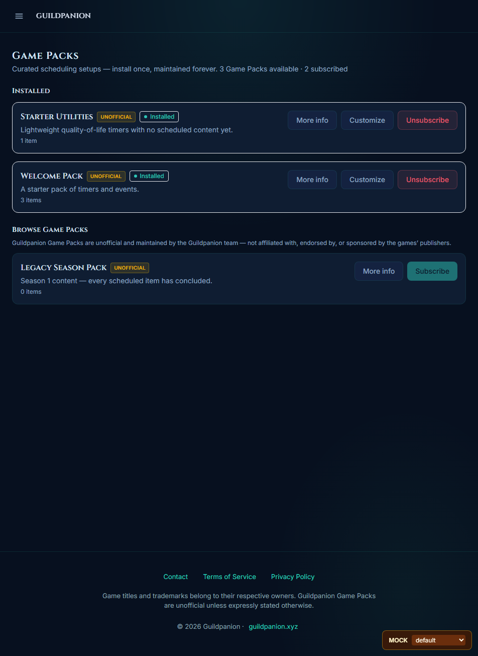 Guildpanion Game Packs dashboard showing installed and available unofficial packs