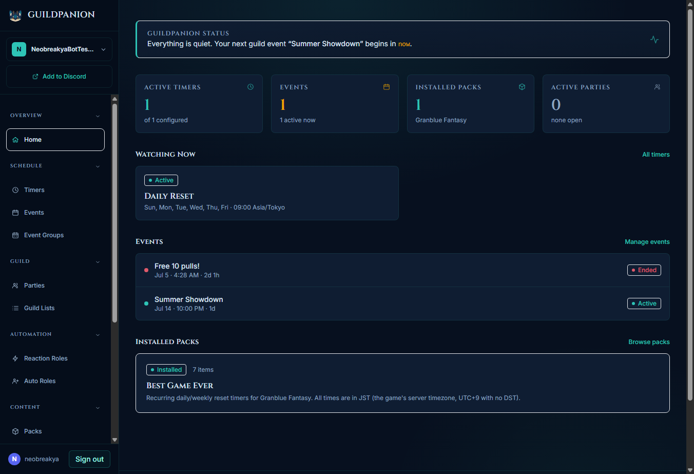 Guildpanion web dashboard with timers, events, installed packs, and active parties