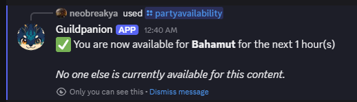 Guildpanion confirms the member is available for Bahamut