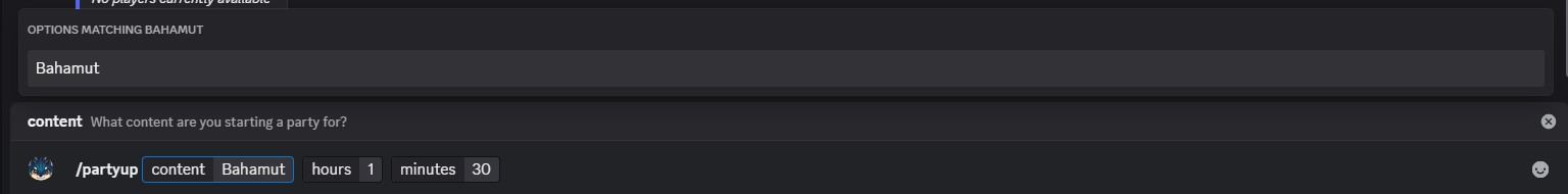 The partyup Discord command configured for Bahamut