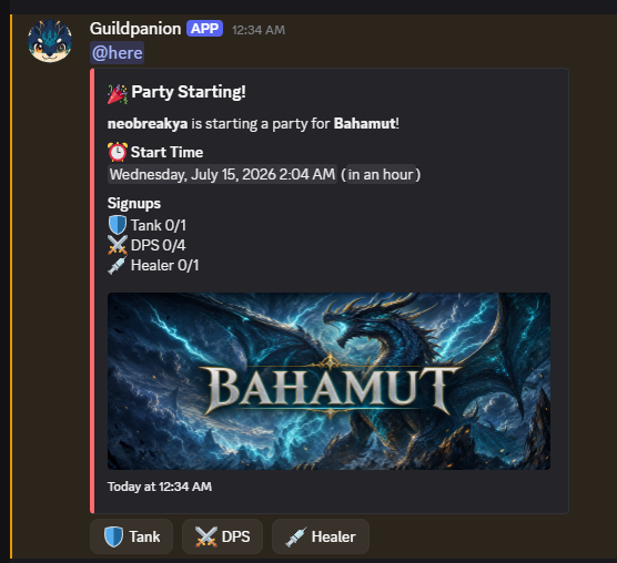 The resulting Bahamut party signup with required roles