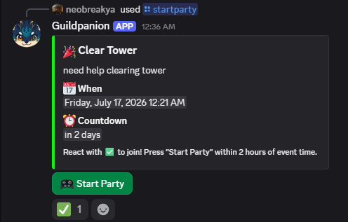 A scheduled Clear Tower call with a Start Party button